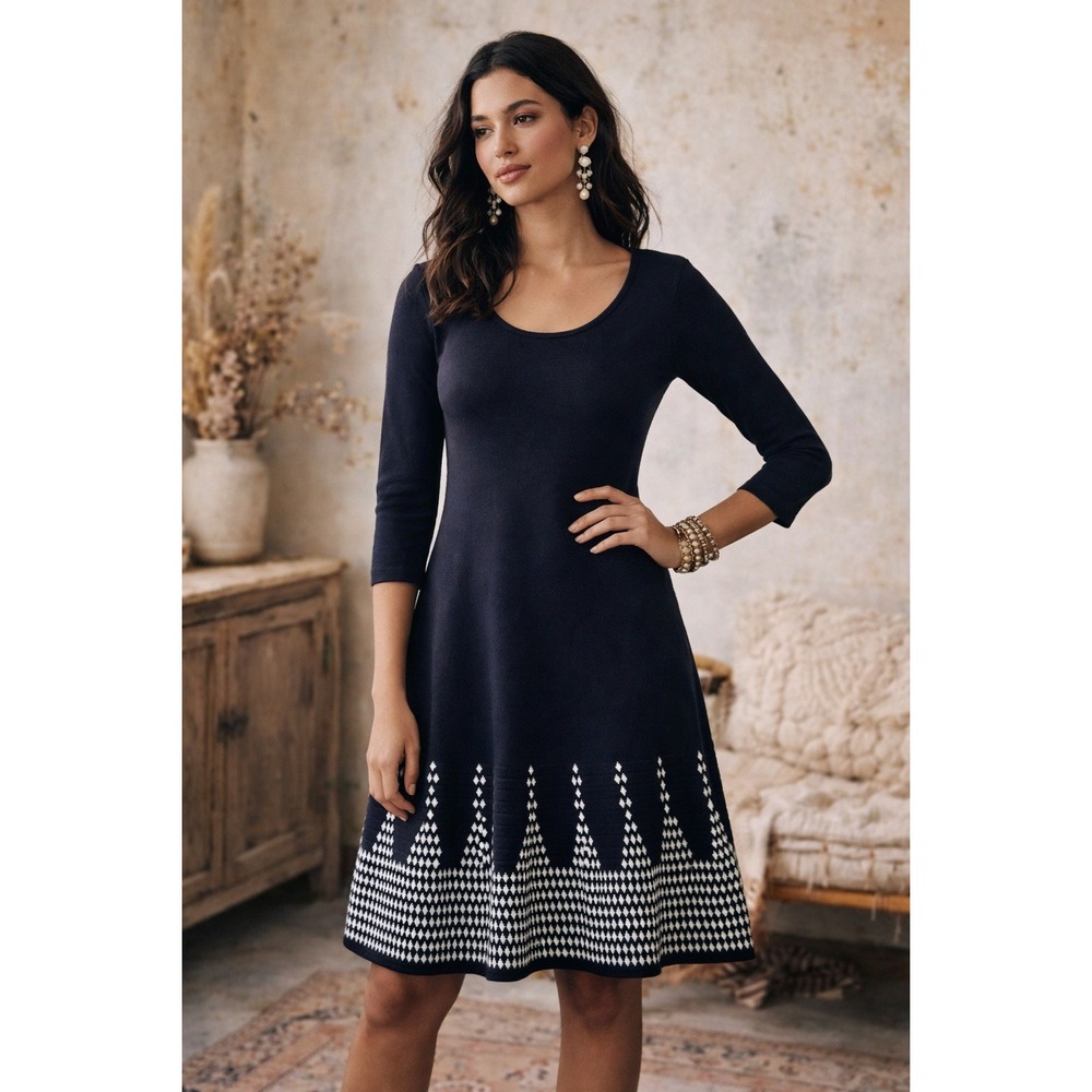 Nine West Geometric Diamond Hem Fit Flare Sweater Dress Large 3/4‎ Sleeve NWOT